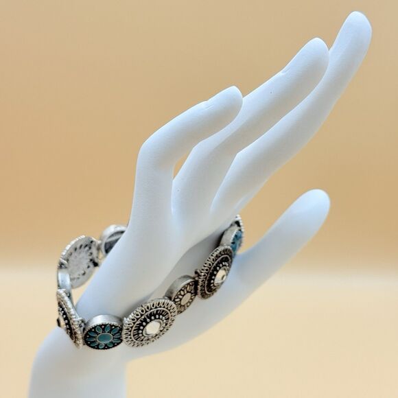 Boho Concho Stretch Bracelet - Faux Turquoise & Rhinestone - Western Style - Picture 5 of 5